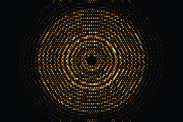 Golden halftone radiant concentric circle pattern with shimmering dotted light texture creating an elegant abstract design ideal for luxury themed backgrounds modern artwork and luminous decorative co