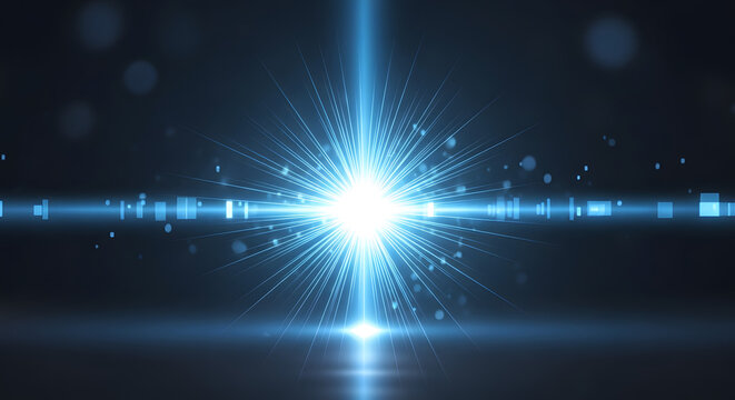 Abstract blue light burst with lens flare effect on dark background