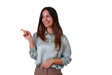 Smiling businesswoman pointing finger, presenting new ideas, offering direction, showing copy space on transparent background