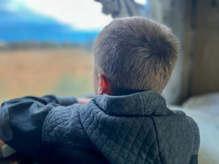 Child boy traveling by train looking out window