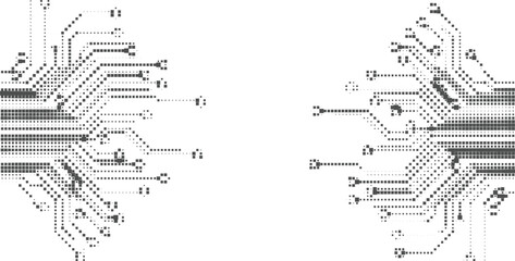 High tech motherboard circuit layout with halftone digital traces and electronic lines forming futuristic symmetrical technology background for innovation and digital engineering concepts