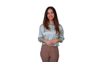 Young brunette woman smiling, portraying professionalism and success in a business casual outfit, standing on transparent background