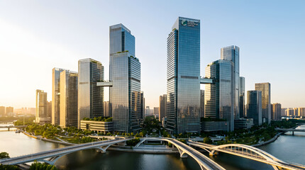 Fototapeta premium Ultra-Wide Panoramic City Skyline, Modern Business District, High-Resolution Skyscraper View