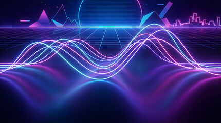 Retro-Futuristic Neon Wave Curves, Glowing Synth wave Lines, High-Resolution Futuristic Design