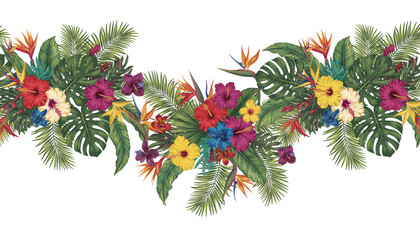 Ultra-Wide Tropical Botanical Wallpaper, Vibrant Leaves and Flowers, High-Resolution Nature Design