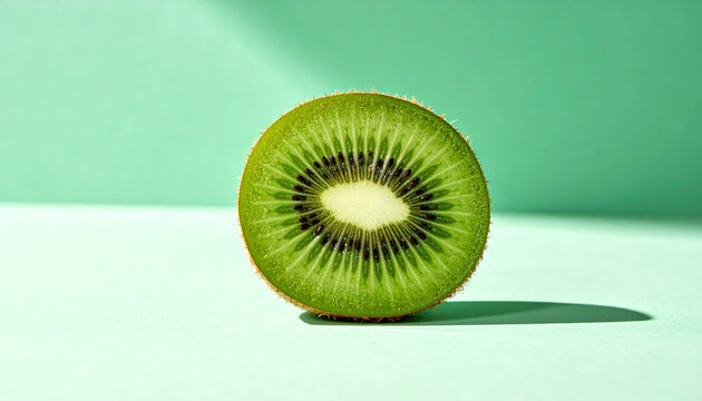 Fresh kiwi slice close-up on green background