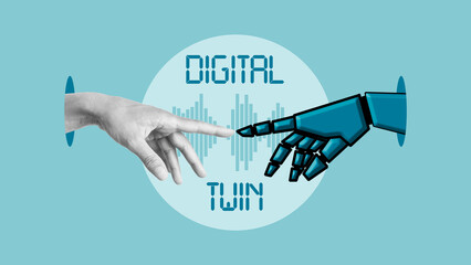 Digital twin industrial technology is shown by collage with text