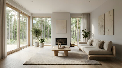 Ultra-Wide Minimalist Living Room Interior with Natural Light in 21:9 Ratio