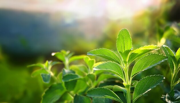 Close Up Of Candy Leaf Sugar Leaf Sweet Herb Of Paraguay Sweet Honey Leaf Stevia Stevia Rebaudiana Bertoni In The Morning Light Nature And Floral Background With Copy Space