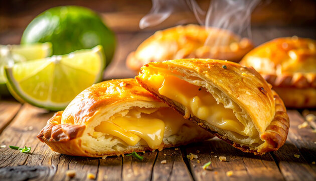 Pastel frito de queijo com recheio derretido em mesa r&uacute;stica