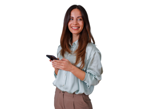 Woman smiling while holding smartphone, looking away and interacting with mobile technology, using app with transparent background