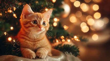 Adorable ginger kitten enjoying a magical Christmas with sparkling lights and festive cheer, perfect for holiday greetings and heartwarming designs