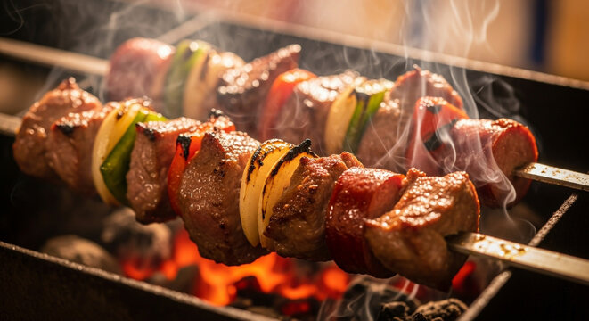 Espetinhos de churrasco grelhando na brasa