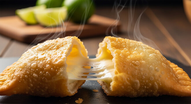 Pastel de queijo brasileiro aberto com queijo derretido em fundo r&uacute;stico
