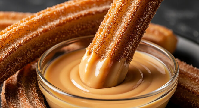 Churros com a&ccedil;&uacute;car e canela mergulhados em doce de leite