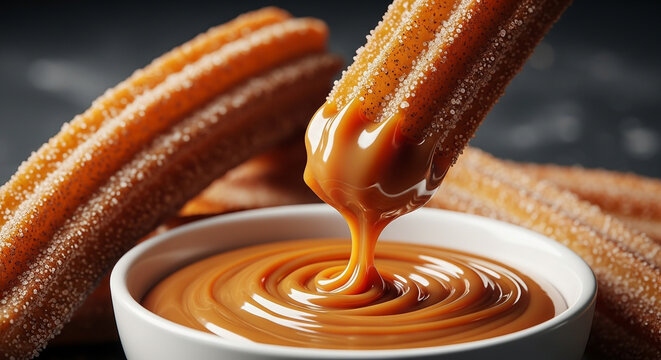 Churros com a&ccedil;&uacute;car e canela mergulhados em doce de leite