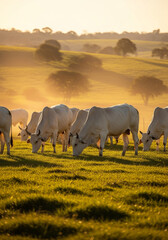 Gado nelore branco pastando em campo verde ao p&ocirc;r do sol