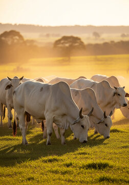 Gado nelore branco pastando em campo verde ao p&ocirc;r do sol