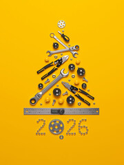 A symbolic Christmas tree made of construction tools. 2026 New Year greeting illustration. 3D render.
