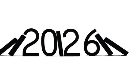 Dominoes falling to form the year 2026, representing future progress and change.