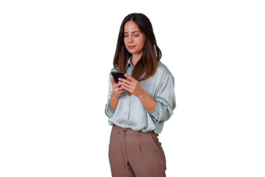 Woman standing, texting on smartphone, browsing social media, connecting online, transparent background