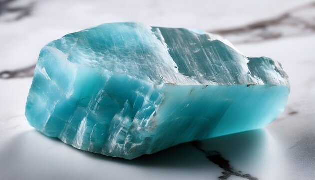 Sample Of Raw Aquamarine Mineral On White Marble