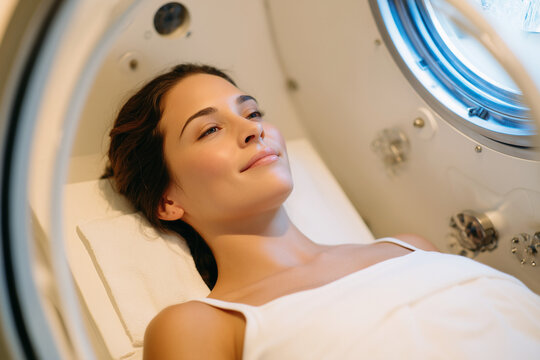 Hyperbaric oxygen therapy for wound healing and life longevity. Person using HBOT chamber for skin rejuvenation	

