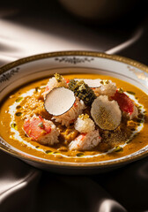 Luxury crab curry with caviar and truffles on elegant plate
