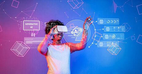 A young individual wearing a VR headset interacts with generative AI in a vibrant environment, showcasing the intersection of technology and creativity in a digital world. XDMCP