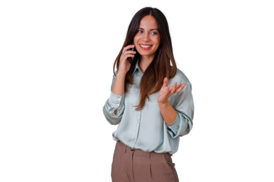 Woman engaging in a phone conversation, showing a cheerful expression and hand gesture, representing communication and connection