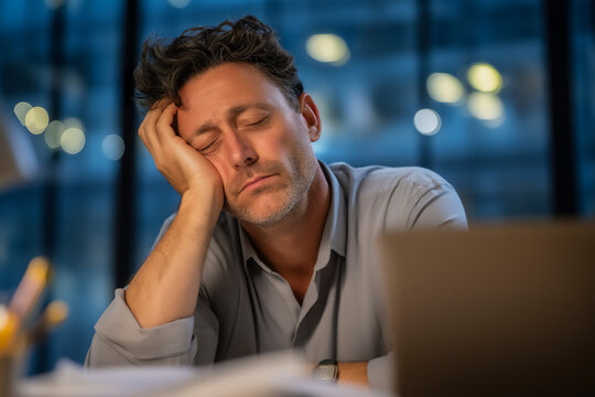 Exhausted middle age Caucasian businessman sitting at desk and falling asleep, stress lifestyle - Powered by Adobe