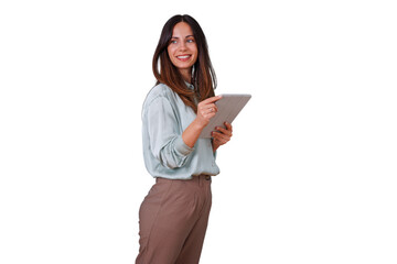 Fototapeta premium Professional woman standing, smiling and researching on digital tablet, using tech for business success