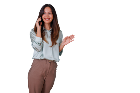 Happy young businesswoman smiling, talking on smartphone, communicating, gesturing on transparent background