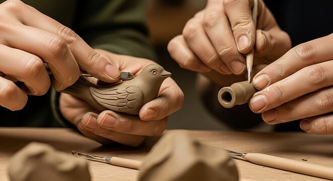 Artisan craftsmanship, creating a clay bird with meticulous sculpting