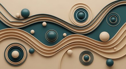 Sophisticated wave and sphere background with calming teal and beige tones