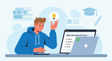 Male student getting the correct answer on an online multiple-choice quiz or exam while experiencing a moment of realization.