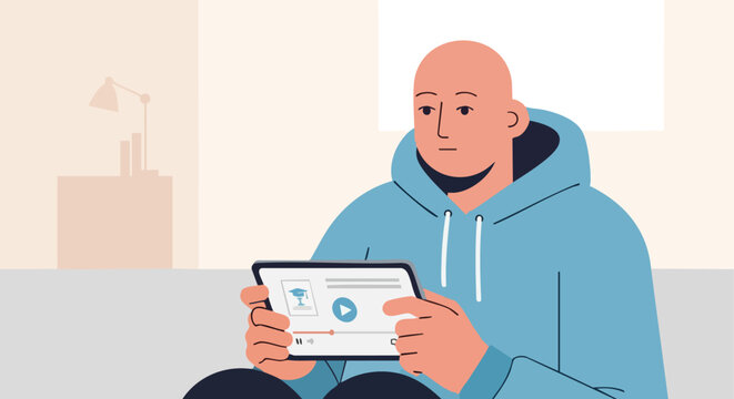 Bald male student watching an educational video or online course on a portable tablet device while relaxing at home.
