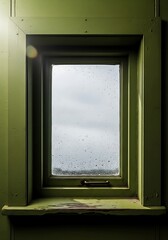 Viewing a cloudy sky through a vintage, painted window with water droplets