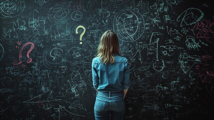 Woman Staring at Chalkboard Full of Scribbles, Questions, and Complex Ideas