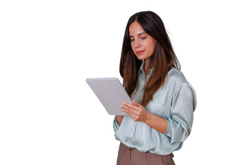 Woman holding digital tablet, browsing data online, researching business information, transparent background