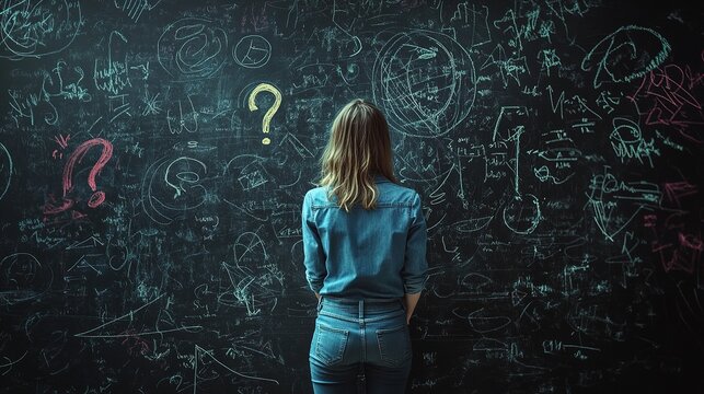 Woman Staring at Chalkboard Full of Scribbles, Questions, and Complex Ideas
