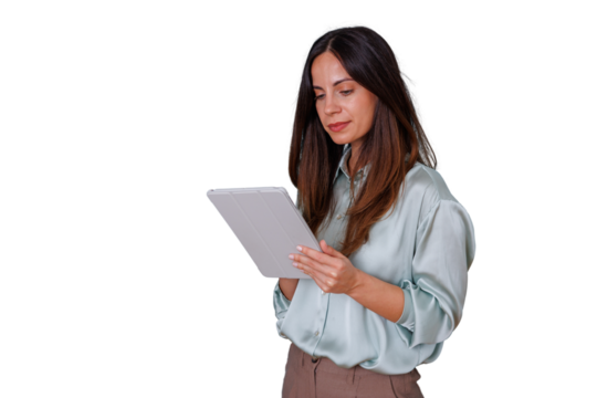 Woman holding digital tablet, browsing data online, researching business information, transparent background