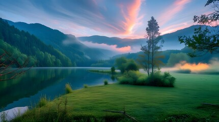 Dramatic morning scene of Lacu Rosu lake with misty summer sunrise in Harghita County, Romania, Europe, showcasing the serene beauty of nature, gentle ripples on the lake's surface, surrounded by lush