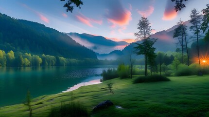 Dramatic morning scene of Lacu Rosu lake with misty summer sunrise in Harghita County, Romania, Europe, showcasing the serene beauty of nature, gentle ripples on the lake's surface, surrounded by lush