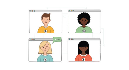 Four diverse individuals communicating in a group video conference or online meeting with active microphone indicators.