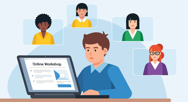 Male participant attending an online workshop or webinar, viewing content on a laptop while connected with diverse remote attendees.