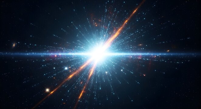 Bright cosmic star explosion spreads through dark space with light sparks.