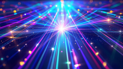 Obraz premium Abstract laser light burst with neon beams and glowing particles, futuristic energy explosion visual effect, vibrant blue and purple sci-fi background