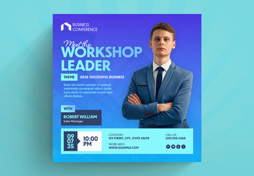 Business Conference Social Media Post Layout with Cyan Accents