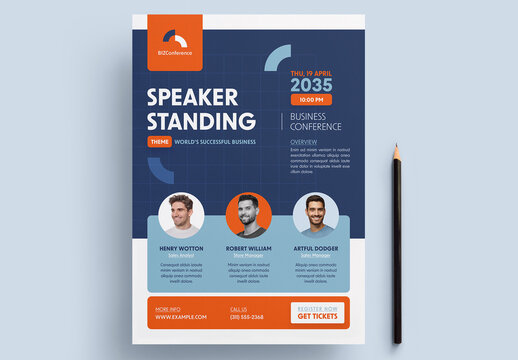 Business Conference Flyer Layout with Blue and Orange Accents